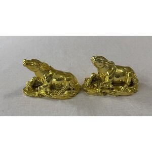 Vintage Eclectic Gold Ram Figurines Set Aries Zodiac Feng Shui Decor Pair